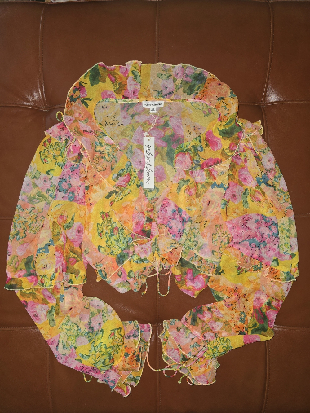 For Love & Lemons Bright Floral Yellow Pink Tie Front Blouse